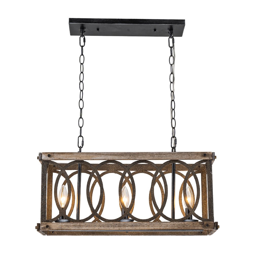Lampadario Rettangolare in Legno con 3 Luci Stile Rustico per Isola Cucina
