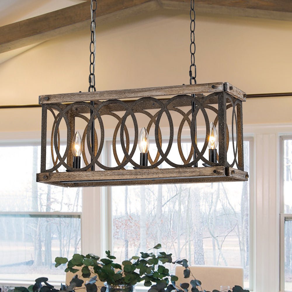 Lampadario Rettangolare in Legno con 3 Luci Stile Rustico per Isola Cucina