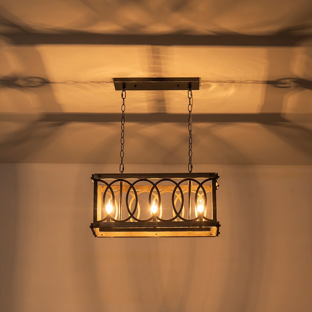 Lampadario Rettangolare in Legno con 3 Luci Stile Rustico per Isola Cucina