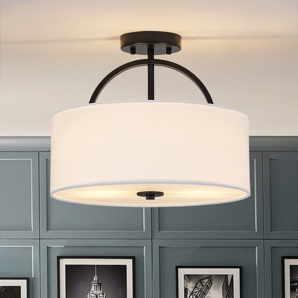 Plafoniera Semi Flush a Tamburo con Ombrello in Lino a 2 Luci