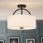 Plafoniera Semi Flush a Tamburo con Ombrello in Lino a 2 Luci