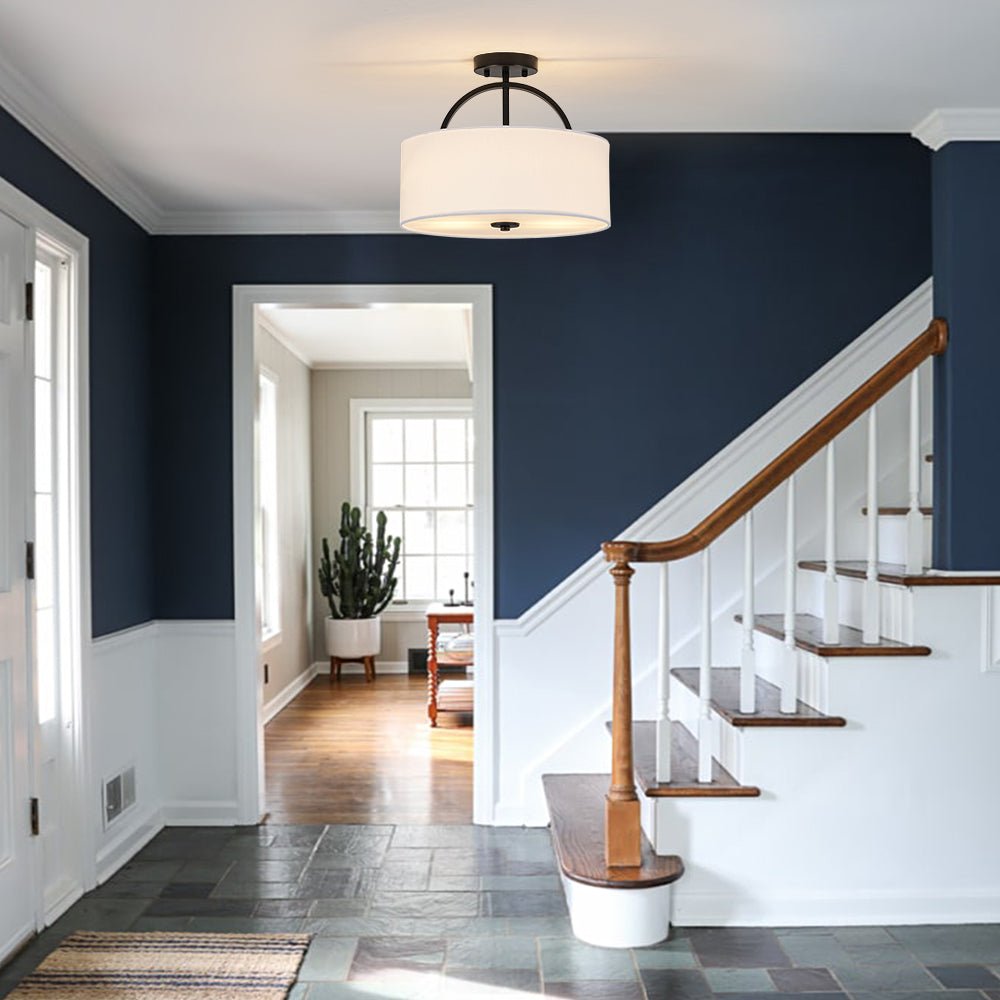 Plafoniera Semi Flush a Tamburo con Ombrello in Lino a 2 Luci