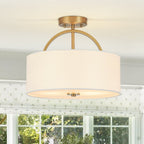 Plafoniera Semi Flush a Tamburo con Ombrello in Lino a 2 Luci