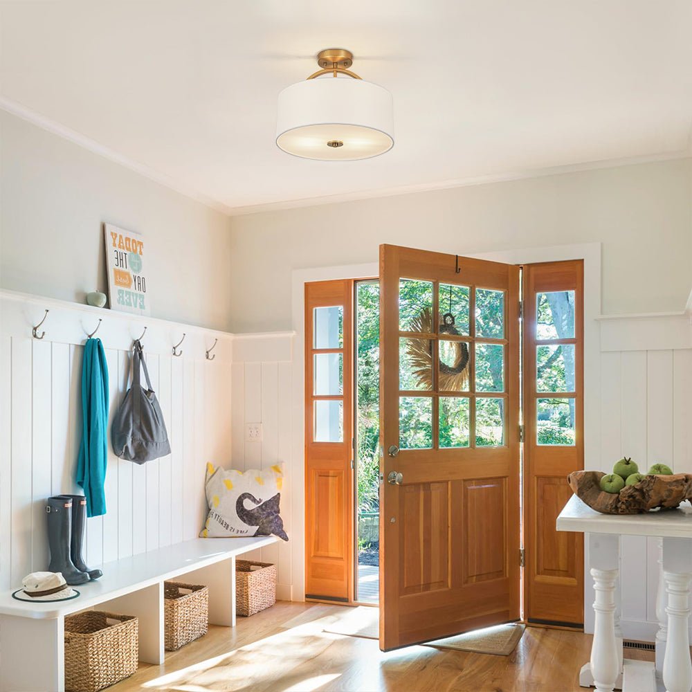 Plafoniera Semi Flush a Tamburo con Ombrello in Lino a 2 Luci