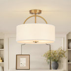 Plafoniera Semi Flush a Tamburo con Ombrello in Lino a 2 Luci