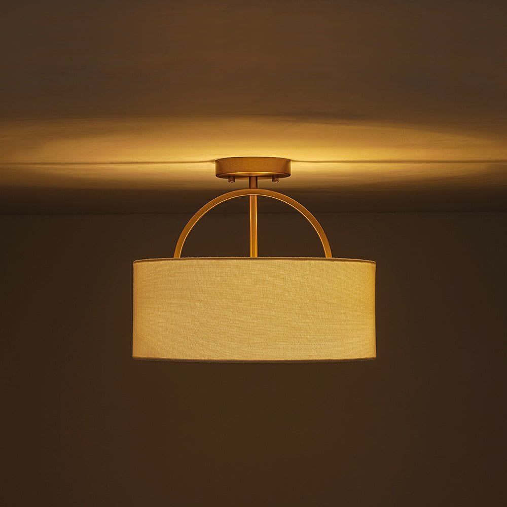 Plafoniera Semi Flush a Tamburo con Ombrello in Lino a 2 Luci