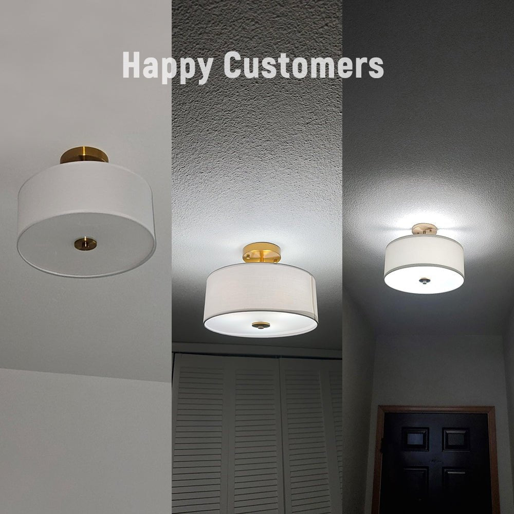 Plafoniera Semi Flush a Tamburo con Ombrello in Lino a 2 Luci