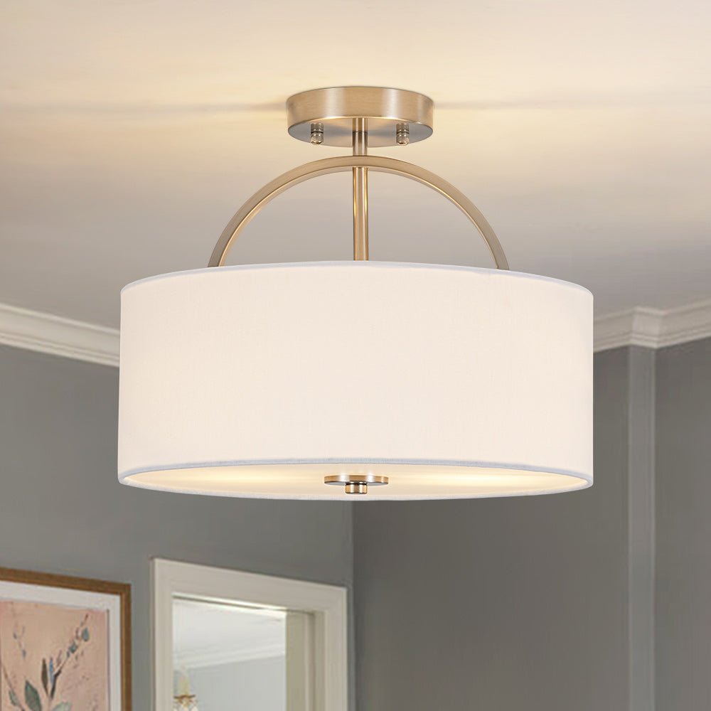 Plafoniera Semi Flush a Tamburo con Ombrello in Lino a 2 Luci
