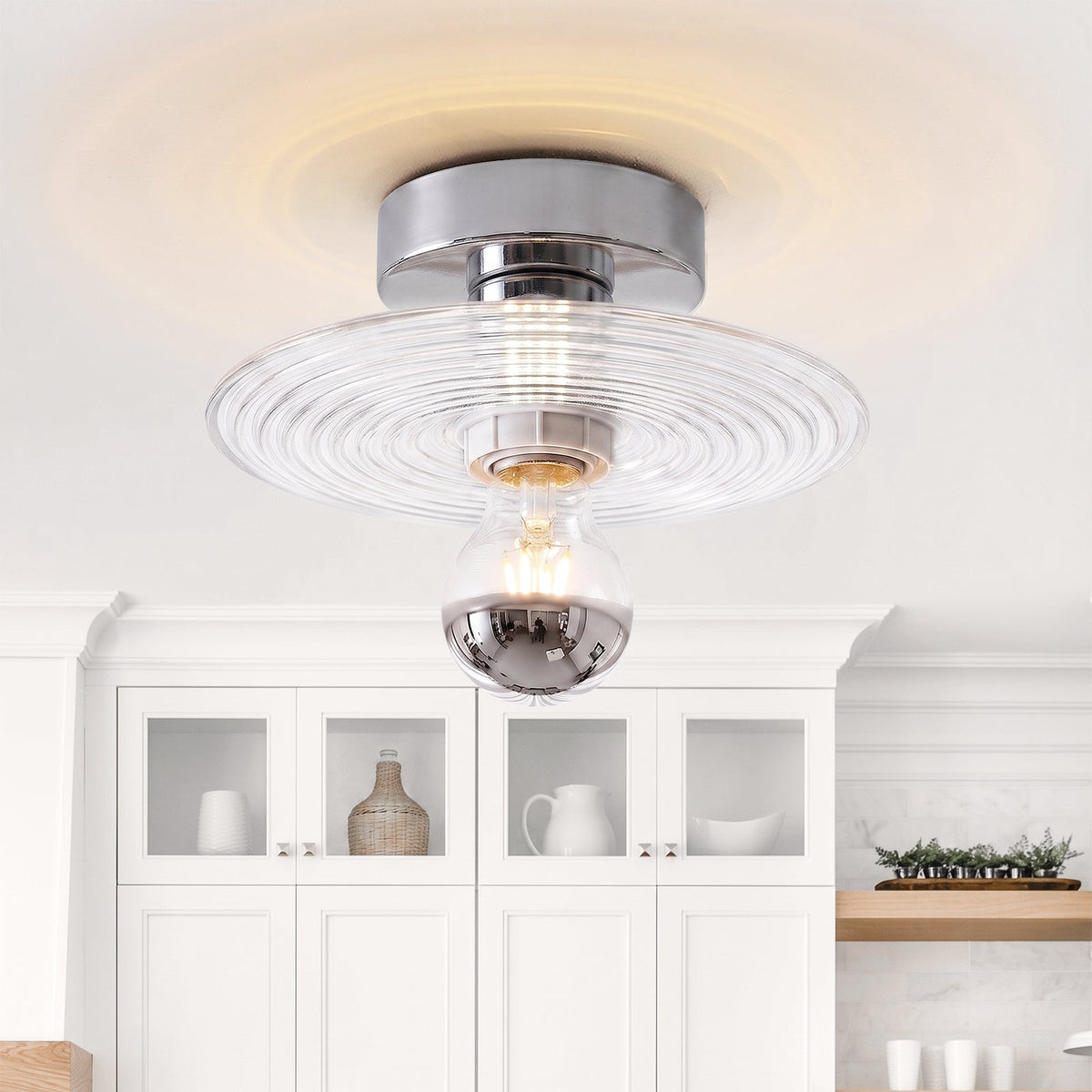Lampada da soffitto semi a disco rotondo in vetro ondulato con 1 luce