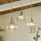Lampada a sospensione vintage a 1 luce in vetro d'acqua martellato quadrato