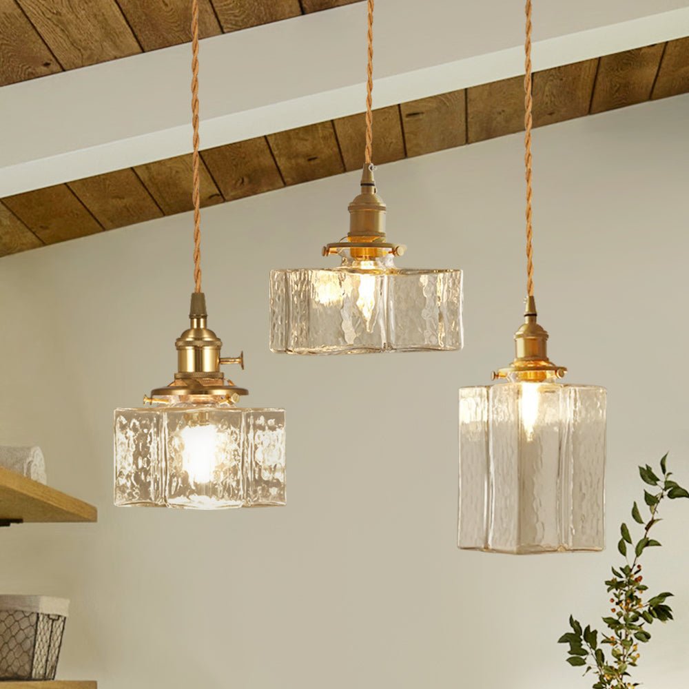 Lampada a sospensione vintage a 1 luce in vetro d'acqua martellato quadrato