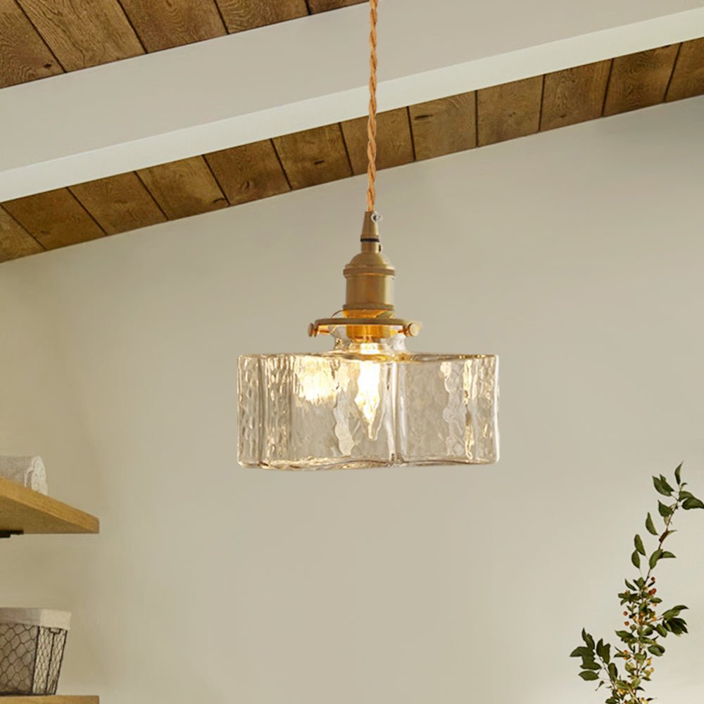 Lampada a sospensione vintage a 1 luce in vetro d'acqua martellato quadrato