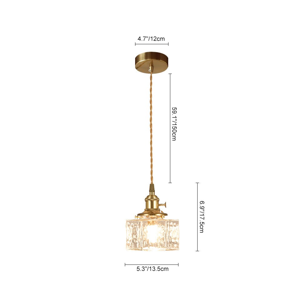 Lampada a sospensione vintage a 1 luce in vetro d'acqua martellato quadrato