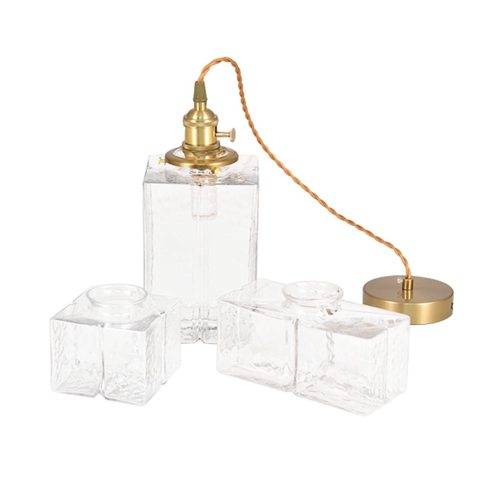 Lampada a sospensione vintage a 1 luce in vetro d'acqua martellato quadrato
