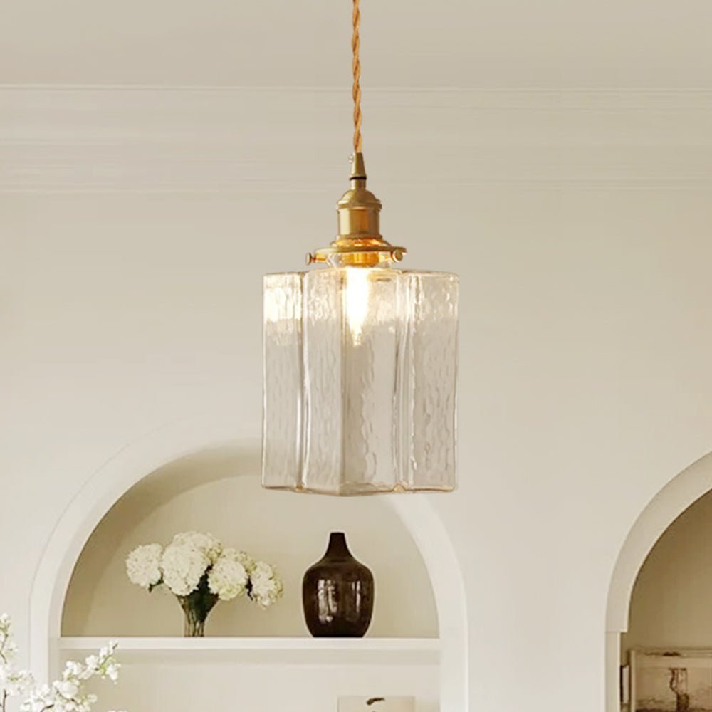 Lampada a sospensione vintage a 1 luce in vetro d'acqua martellato quadrato