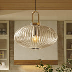 Lampadario Geometrico in Vetro Rigato a Forma di Zucca con 1 Luce Vintage