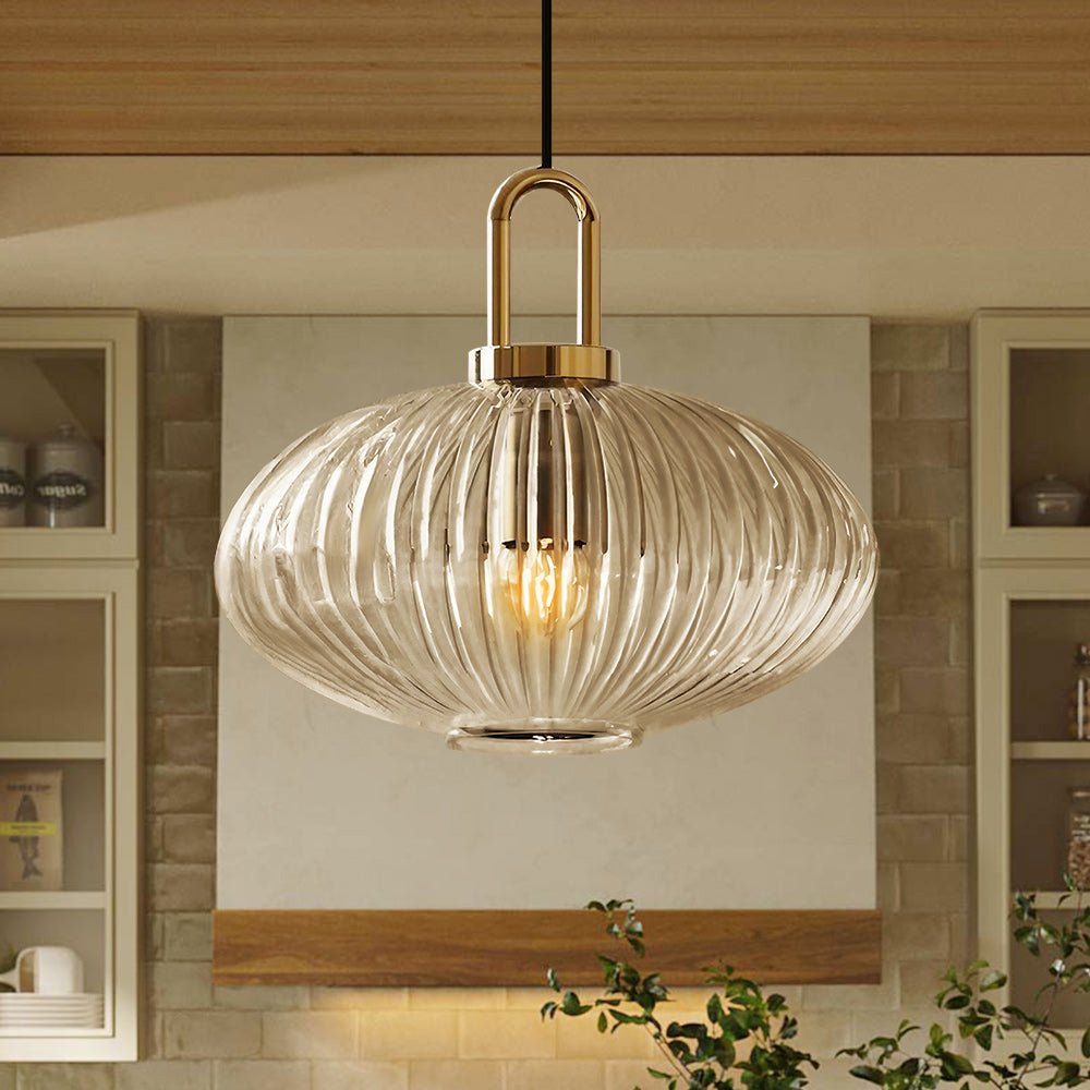 Lampadario Geometrico in Vetro Rigato a Forma di Zucca con 1 Luce Vintage