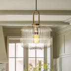 Lampadario Geometrico in Vetro Rigato a Forma di Zucca con 1 Luce Vintage