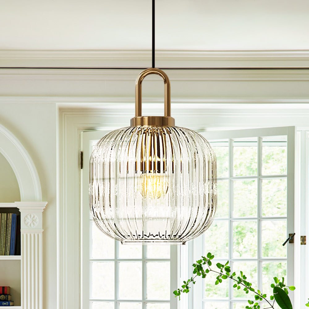 Lampadario Geometrico in Vetro Rigato a Forma di Zucca con 1 Luce Vintage