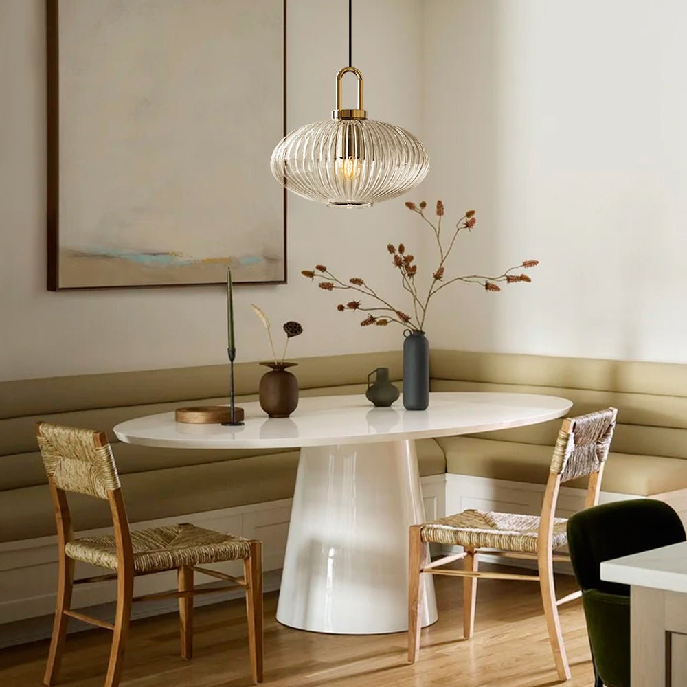 Lampadario Geometrico in Vetro Rigato a Forma di Zucca con 1 Luce Vintage