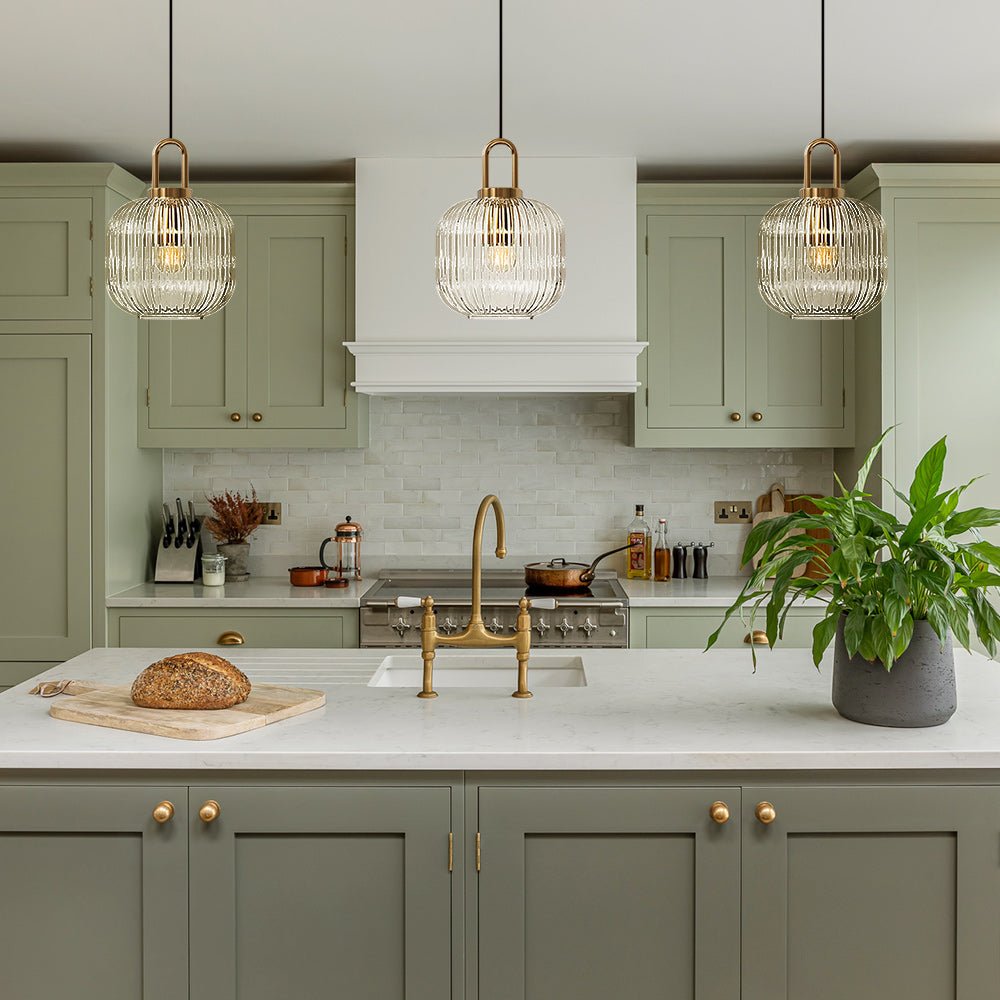 Lampadario Geometrico in Vetro Rigato a Forma di Zucca con 1 Luce Vintage