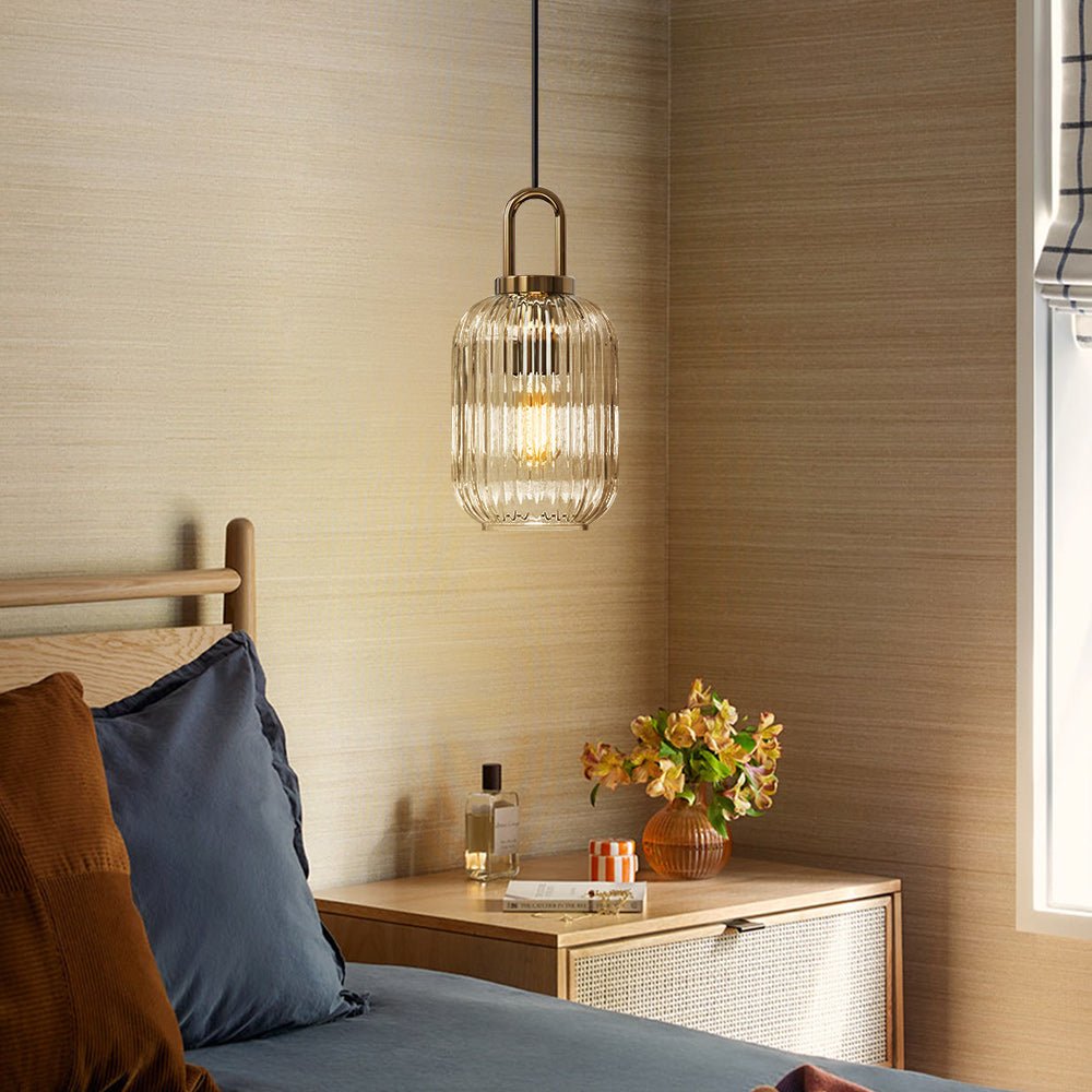 Lampadario Geometrico in Vetro Rigato a Forma di Zucca con 1 Luce Vintage