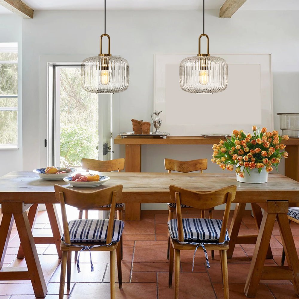 Lampadario Geometrico in Vetro Rigato a Forma di Zucca con 1 Luce Vintage