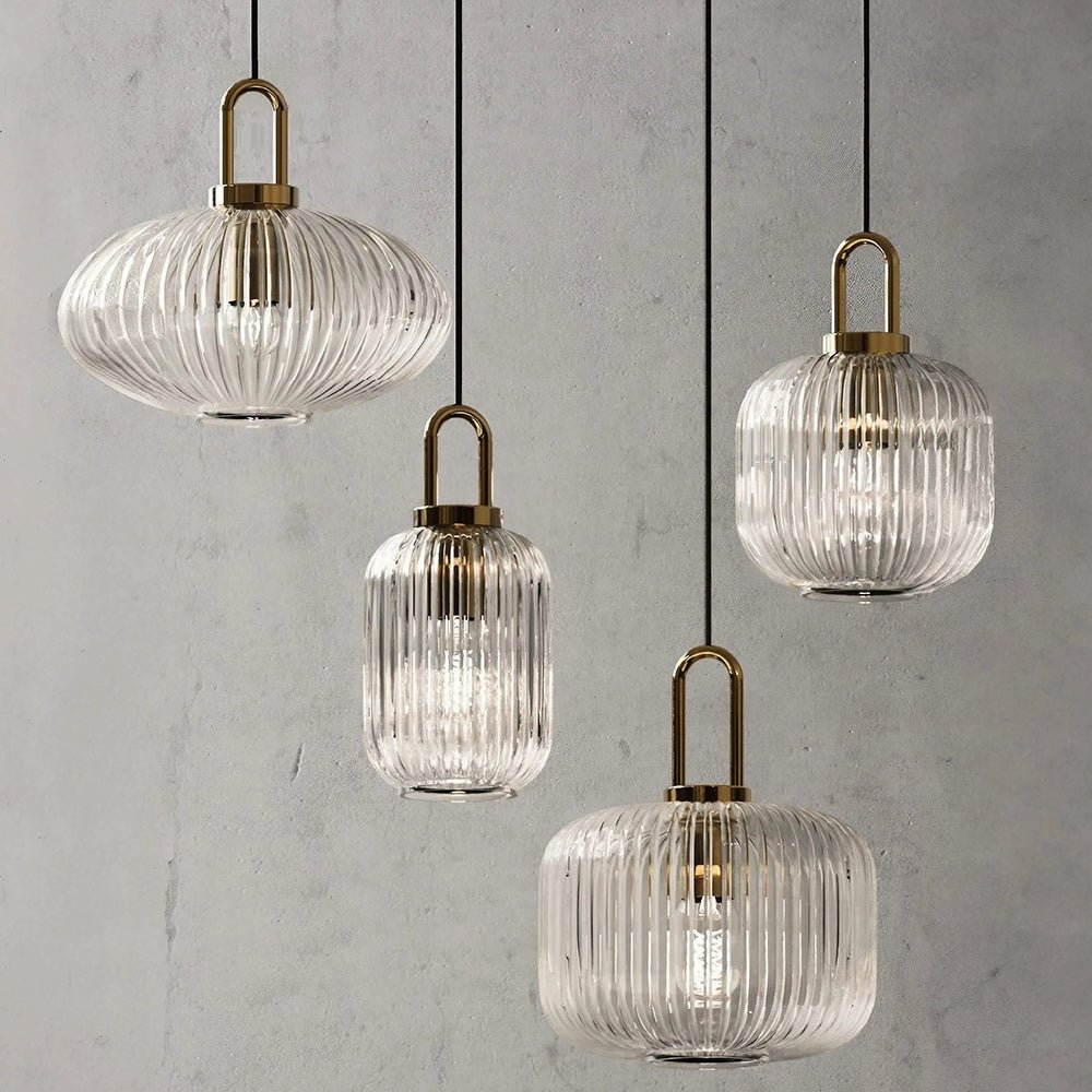 Lampadario Geometrico in Vetro Rigato a Forma di Zucca con 1 Luce Vintage