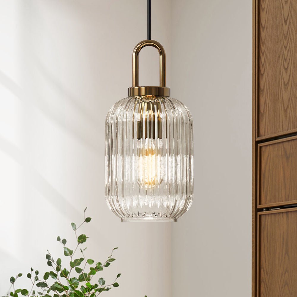 Lampadario Geometrico in Vetro Rigato a Forma di Zucca con 1 Luce Vintage
