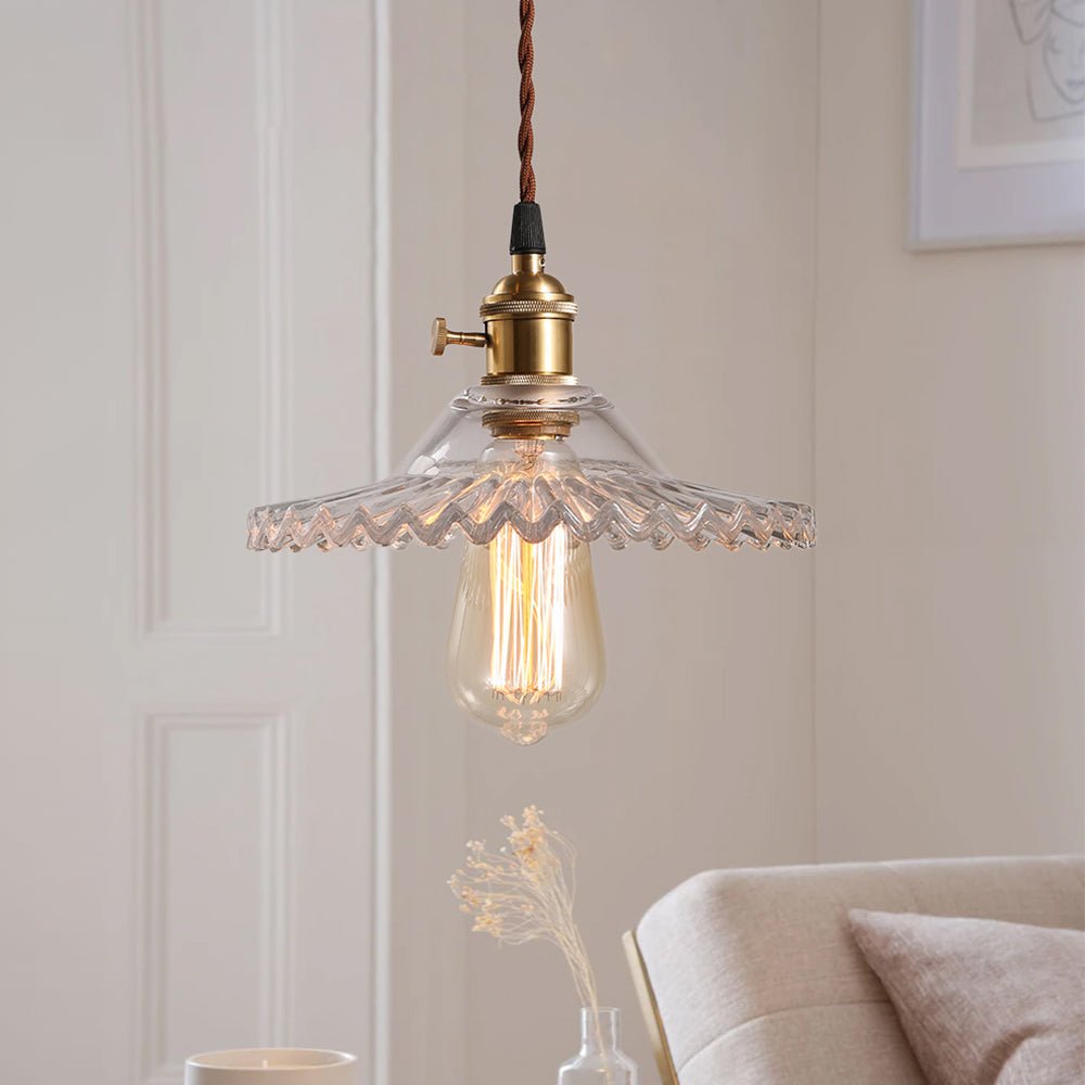 Lampada a sospensione vintage con paralume in vetro a forma di cono e bordo ondulato, 1 luce