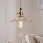 Lampada a sospensione vintage con paralume in vetro a forma di cono e bordo ondulato, 1 luce