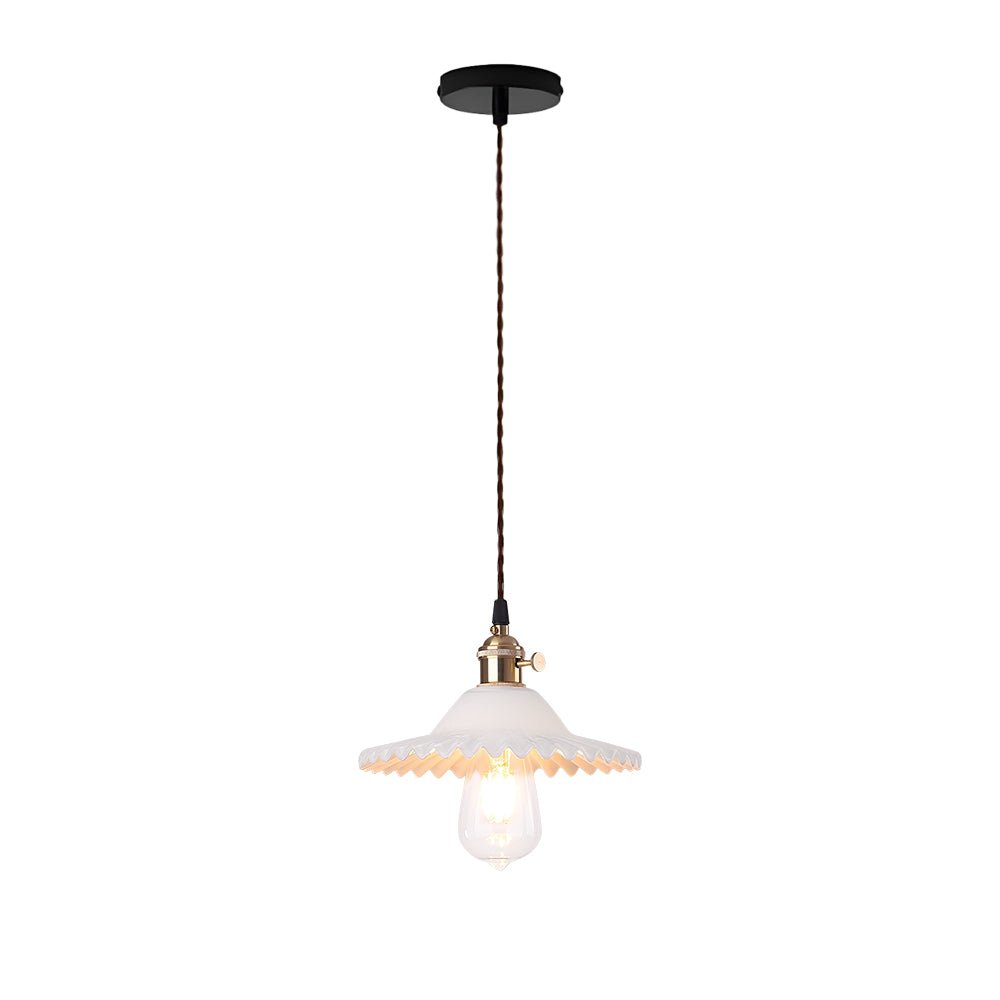 Lampada a sospensione vintage con paralume in vetro a forma di cono e bordo ondulato, 1 luce