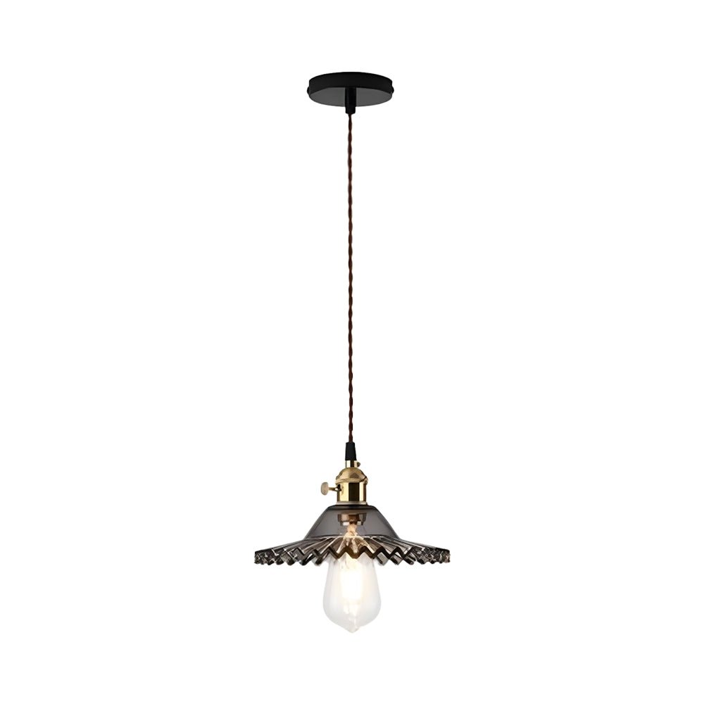 Lampada a sospensione vintage con paralume in vetro a forma di cono e bordo ondulato, 1 luce