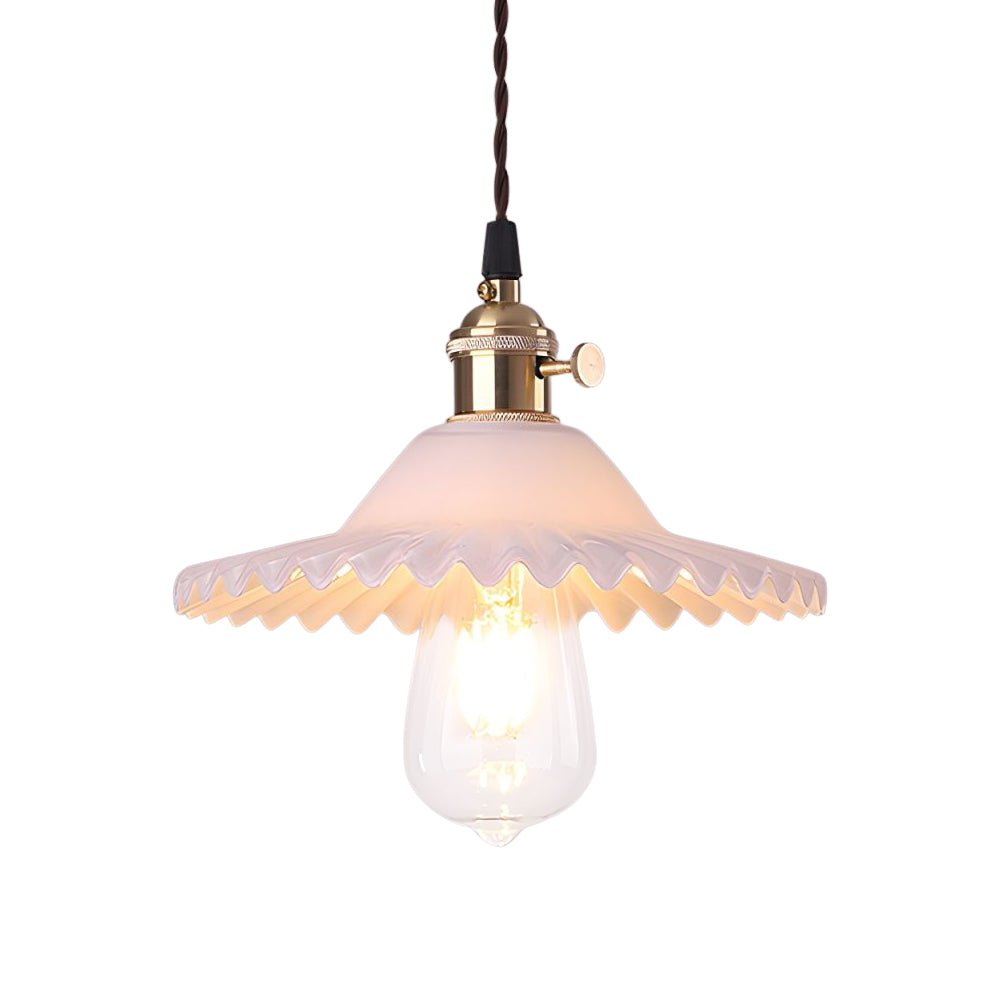 Lampada a sospensione vintage con paralume in vetro a forma di cono e bordo ondulato, 1 luce