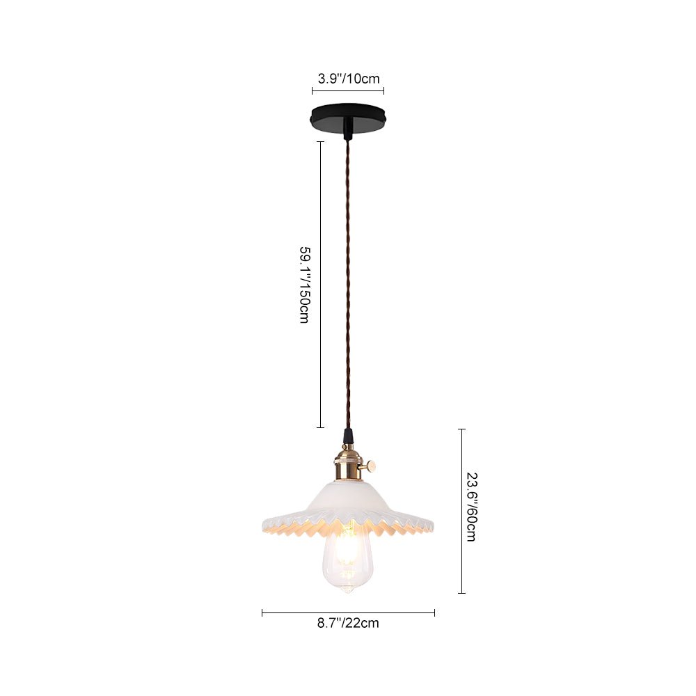 Lampada a sospensione vintage con paralume in vetro a forma di cono e bordo ondulato, 1 luce