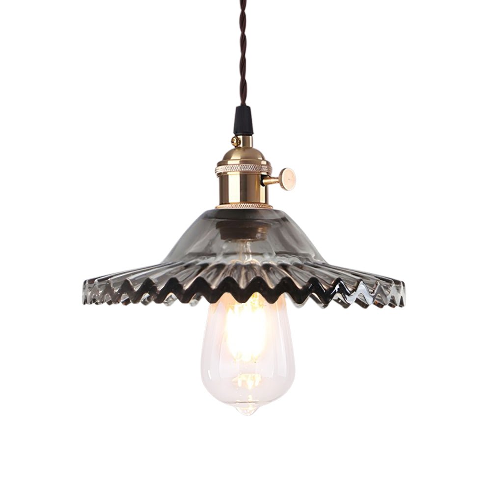 Lampada a sospensione vintage con paralume in vetro a forma di cono e bordo ondulato, 1 luce