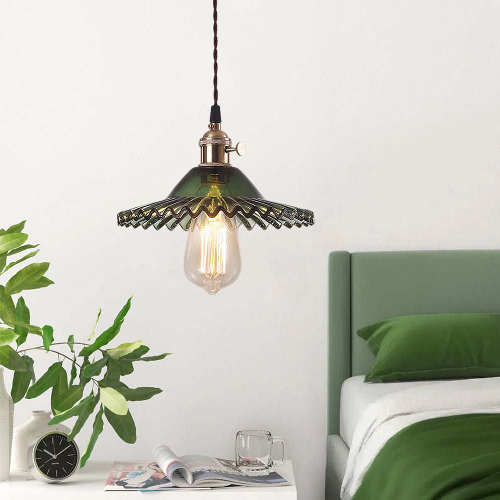 Lampada a sospensione vintage con paralume in vetro a forma di cono e bordo ondulato, 1 luce