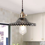 Lampada a sospensione vintage con paralume in vetro a forma di cono e bordo ondulato, 1 luce