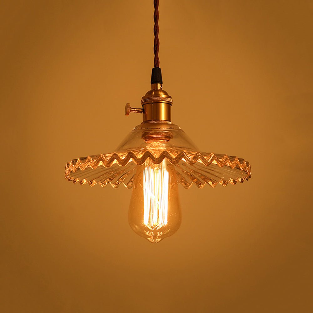 Lampada a sospensione vintage con paralume in vetro a forma di cono e bordo ondulato, 1 luce