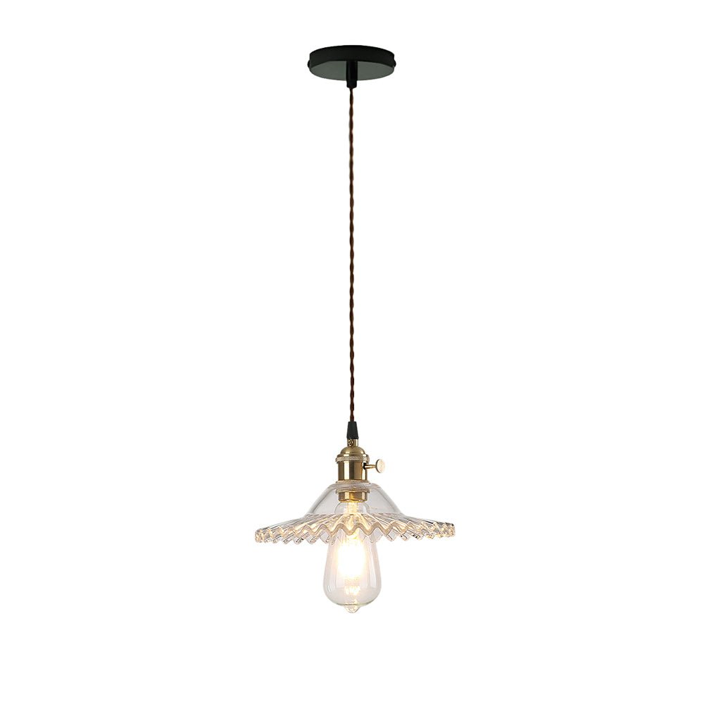 Lampada a sospensione vintage con paralume in vetro a forma di cono e bordo ondulato, 1 luce