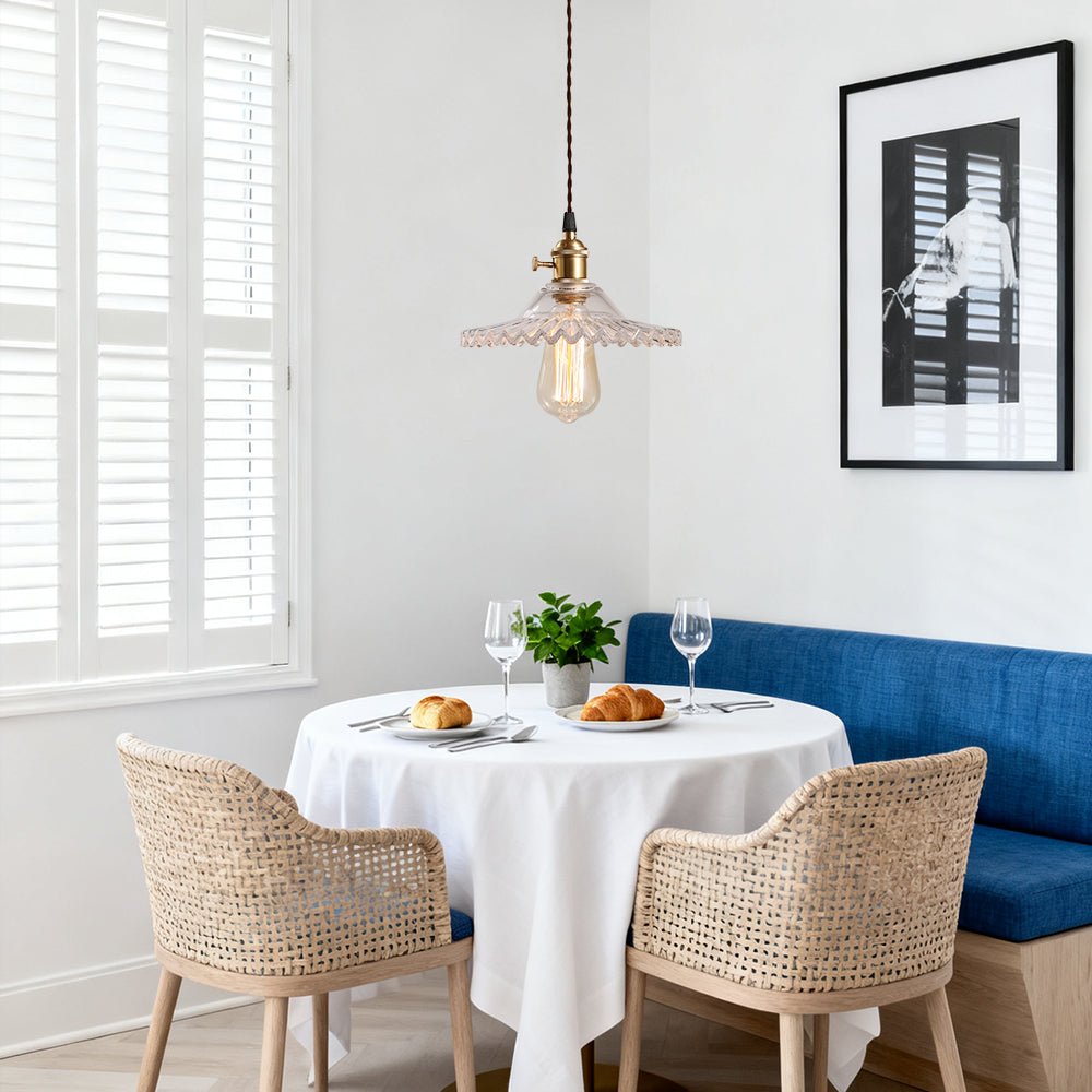 Lampada a sospensione vintage con paralume in vetro a forma di cono e bordo ondulato, 1 luce