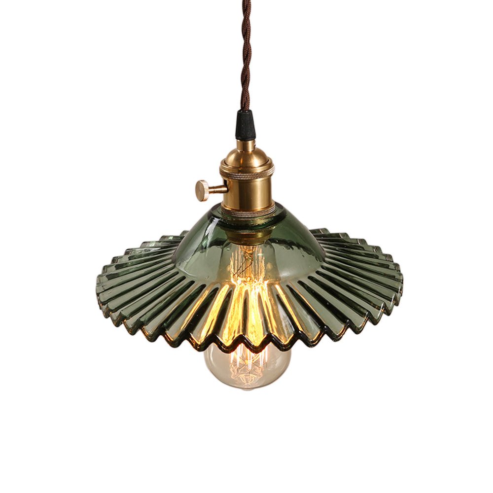 Lampada a sospensione vintage con paralume in vetro a forma di cono e bordo ondulato, 1 luce