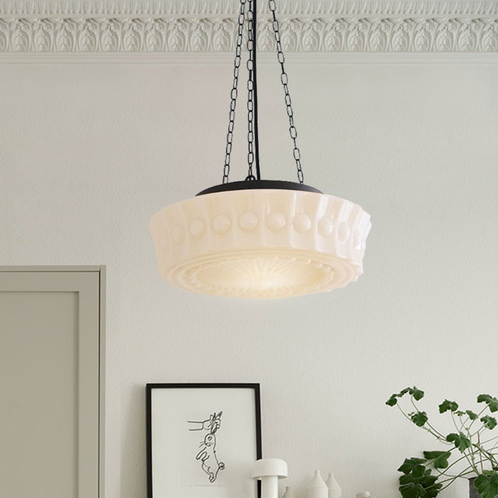 Lampada a sospensione scolastica vintage con paralume in ceramica a 3 luci