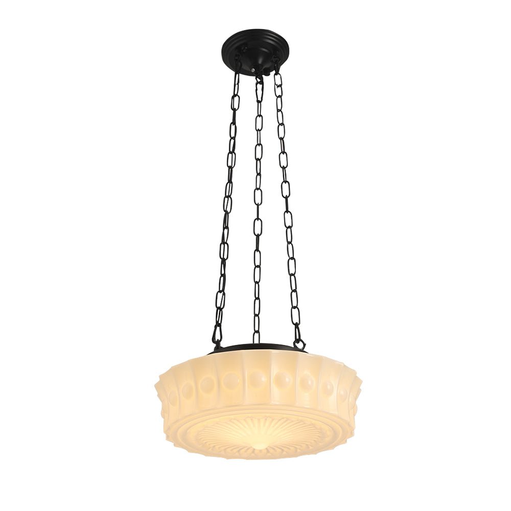 Lampada a sospensione scolastica vintage con paralume in ceramica a 3 luci