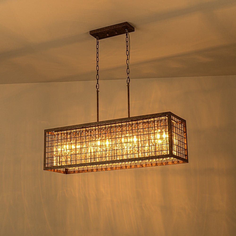 Lampadario Rectangolare Vintage a 4 Luci con Struttura Hollow in Cristallo