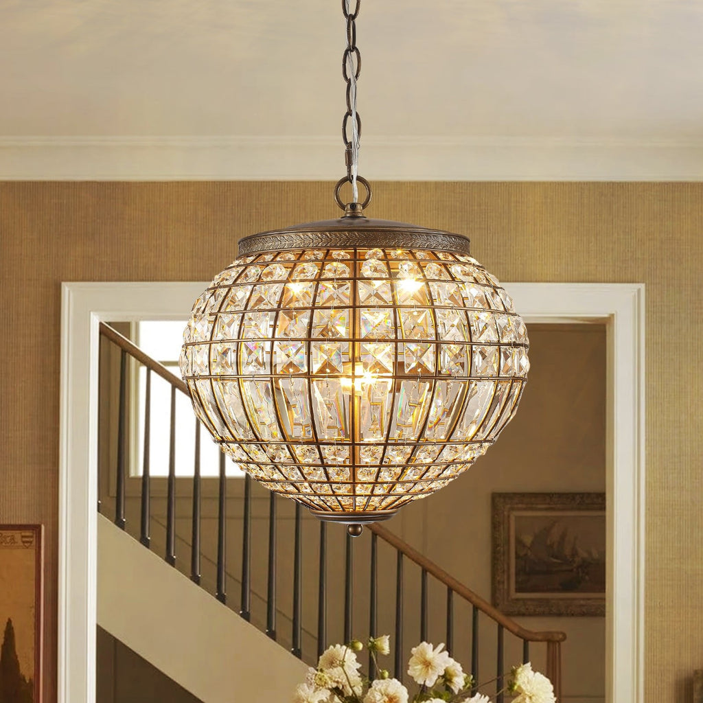 Lampadario a Globo di Cristallo Vintage in Stile Francese con 3 Luci