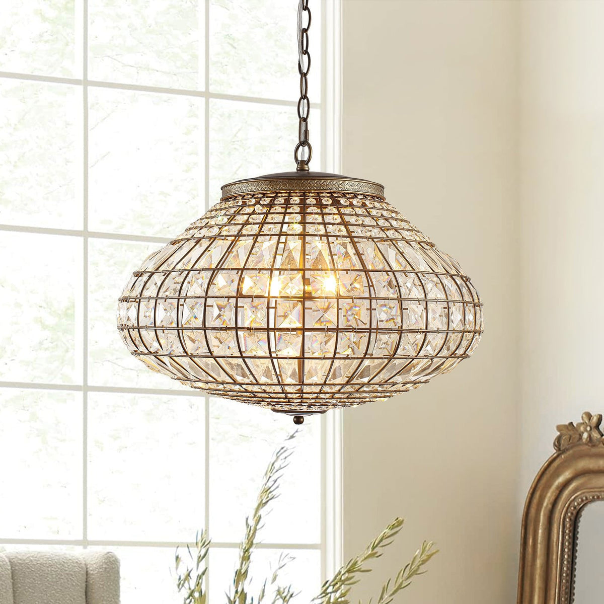 Lampadario a Globo di Cristallo Vintage in Stile Francese con 3 Luci