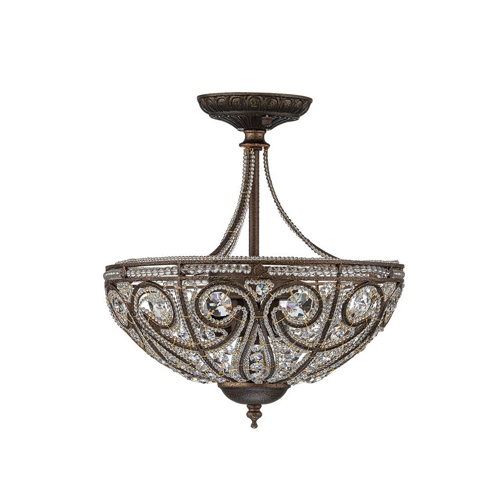 Lampada da soffitto semi flush in cristallo a ciotola vintage di lusso a 3 luci