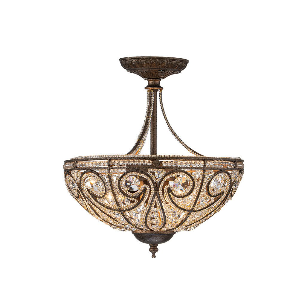 Lampada da soffitto semi flush in cristallo a ciotola vintage di lusso a 3 luci