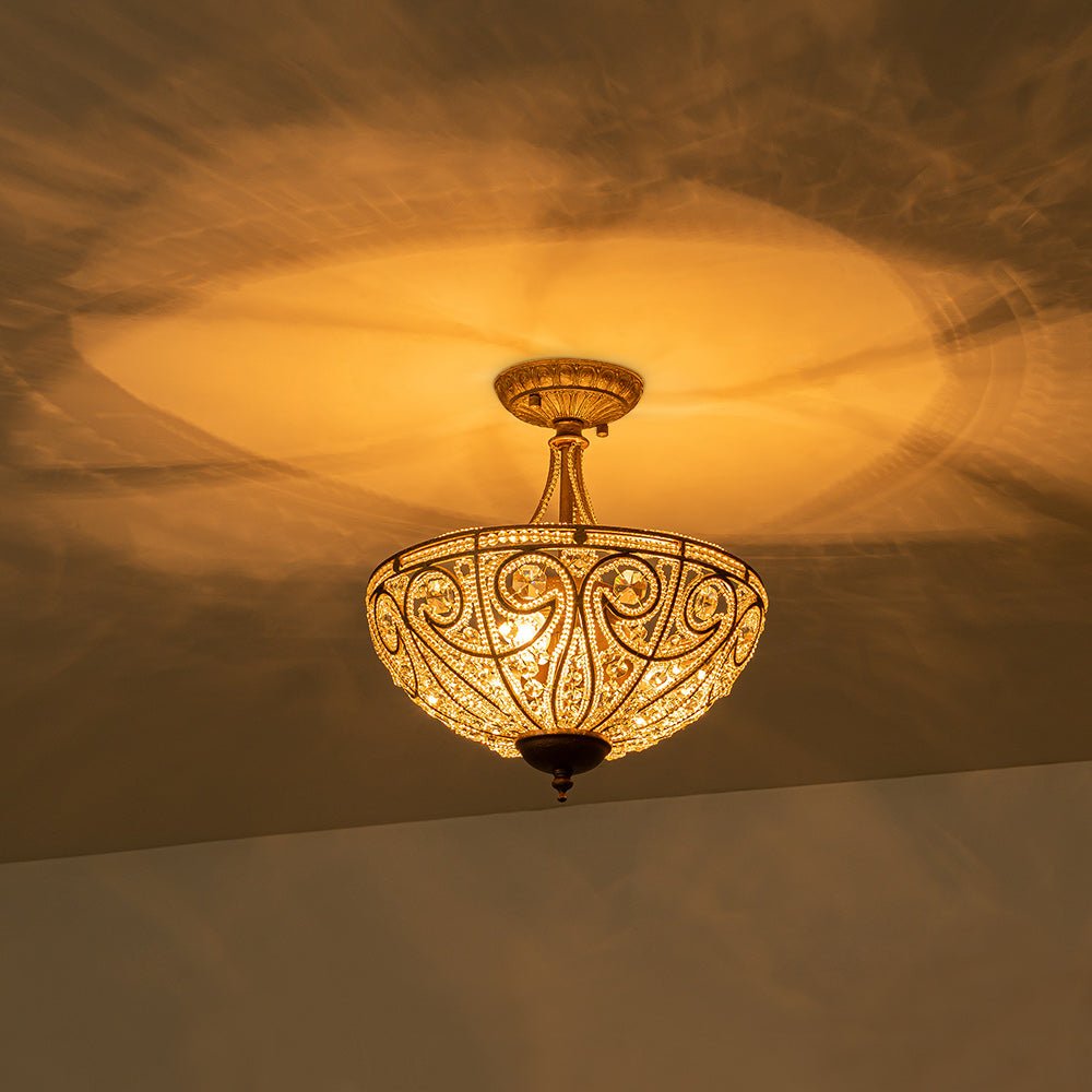 Lampada da soffitto semi flush in cristallo a ciotola vintage di lusso a 3 luci
